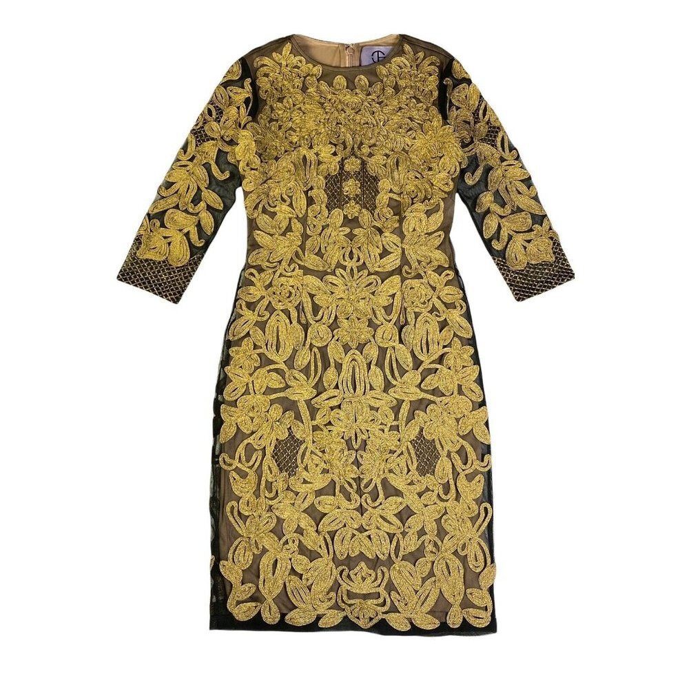 JS Collections Metallic Gold Black Soutache Embroidered Cocktail Dress